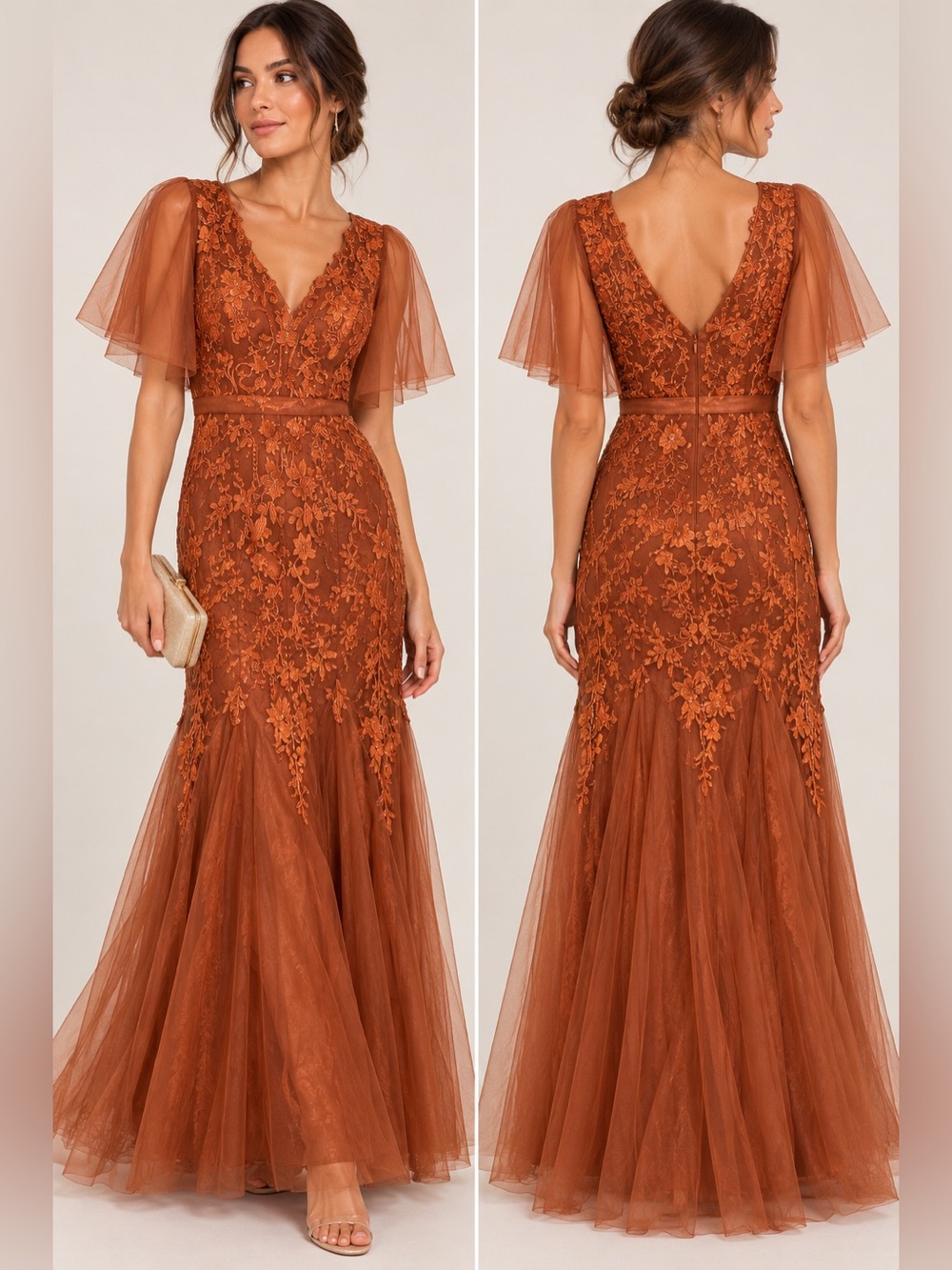 Terracotta Embroidered Tulle Mermaid Gown & Chiffon Jacket Size 6